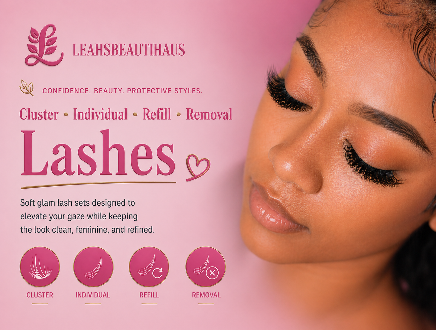 Leah's Beautihaus lashes service poster