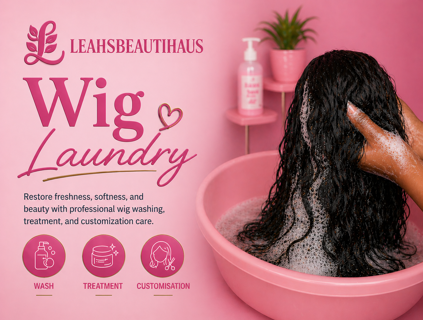 Leah's Beautihaus wig laundry service poster